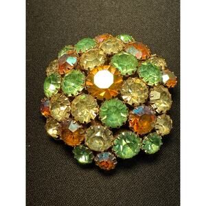 Vintage Domed Yellow & Green Cluster Rhinestone Brooch